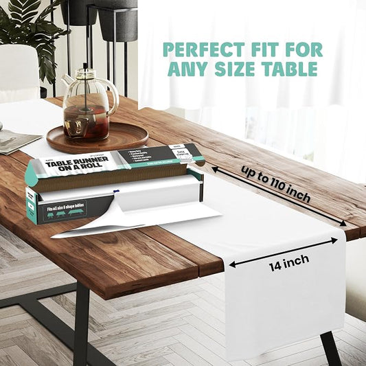 White Table Runner – 14" X 110' Premium Plastic Longtable Runners with Cutter Box - Cut to Size - Decorative Rectangle Table Runners - Smooth Table Cloth - Disposable Table Cloths, Parties, Weddings.