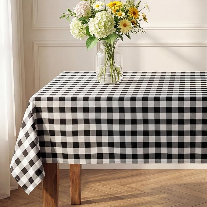 Waterproof Gingham Tablecloth, Checkered Fabric Table Cover for Kitchen Dining, Black & White Plaid Table Cloth, Rectangle Table Cloth for Indoor Outdoor Use, W52 x L70 in