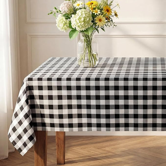 Waterproof Gingham Tablecloth, Checkered Fabric Table Cover for Kitchen Dining, Black & White Plaid Table Cloth, Rectangle Table Cloth for Indoor Outdoor Use, W52 x L70 in