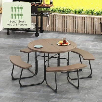 Tangkula 8 Person Picnic Table, Outdoor Round Picnic Table with 4 Built-in Benches, Umbrella Hole, Metal Frame & HDPE Tabletop, Outside Table and Bench Set for Backyard, 2300lbs Weight Capacity