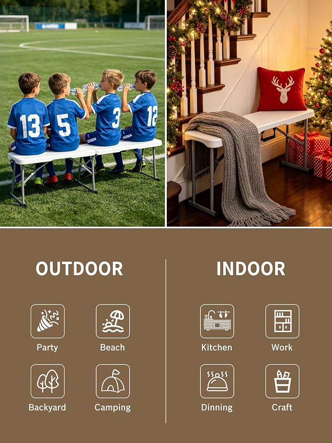 6FT Folding Bench, Fold‑in‑Half with Carrying Handle, 2 Pack | Heavy Duty Portable Plastic Bench for Dining Table, Patio , Garden & Soccer Sideline, White Foldable , Easy to Store & Carry
