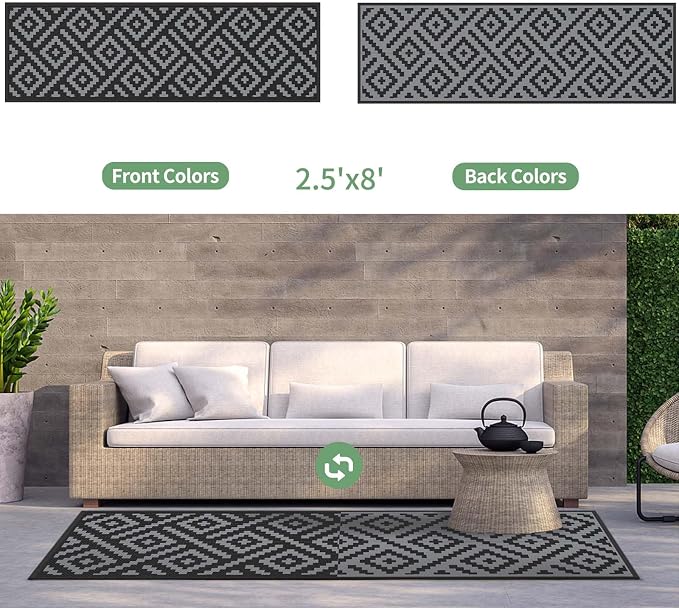 GENIMO Outdoor Rug, Waterproof Plastic Runner Rugs, 2.5'x8' Black Grey | Outside Modern Carpet Mat for Patio Decor, Porch, Deck, Balcony, Camping, RV, Picnic, Beach, Reversible, Foldable