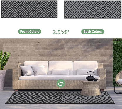 GENIMO Outdoor Rug, Waterproof Plastic Runner Rugs, 2.5'x8' Black Grey | Outside Modern Carpet Mat for Patio Decor, Porch, Deck, Balcony, Camping, RV, Picnic, Beach, Reversible, Foldable