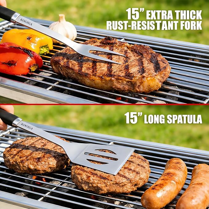Heavy Duty BBQ Tools Grill Tools Set - Stainless Steel BBQ Grilling Tools Set with Serrated Spatula, Tongs, Knife, Spatula - Outdoor Barbecue Accessories Kit, Grilling Gifts for Men Dad