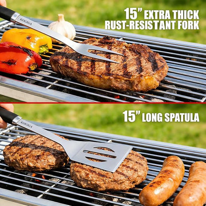 Heavy Duty BBQ Tools Grill Tools Set - Stainless Steel BBQ Grilling Tools Set with Serrated Spatula, Tongs, Knife, Spatula - Outdoor Barbecue Accessories Kit, Grilling Gifts for Men Dad