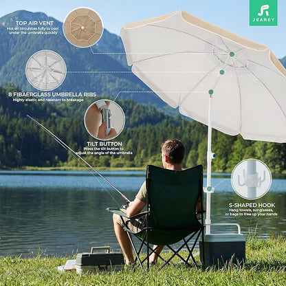JEAREY 6.5ft Sun Shade Umbrellas, Portable Umbrella with Stand, Lightweight Sun Protection Free Standing Sport Umbrella for Outdoor Sports, Camping, Fishing, Patio, Beach, Beige