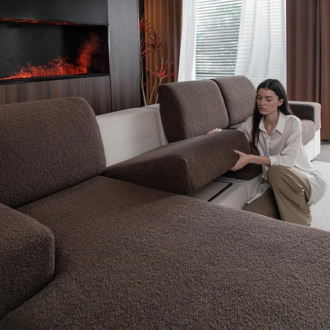 OHSIO Couch Cushion Covers for Sectional Sofa, Stretch Soft Sofa Slipcovers Washable Wear-Resistant Universal Furniture Protector for Living Room(3 Seaters Covers, Brown)