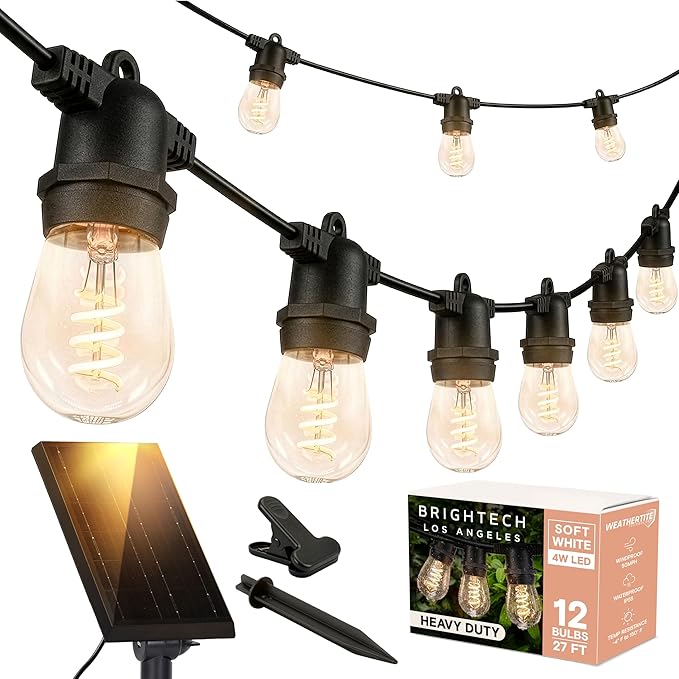 Brightech Ambience Pro Super Bright Solar Outdoor String Lights: Security, Visibility & Ambience - Heavy Duty Waterproof Patio Lights - Edison Spiral Shatterproof Bulbs - 4W Soft White Remote Control