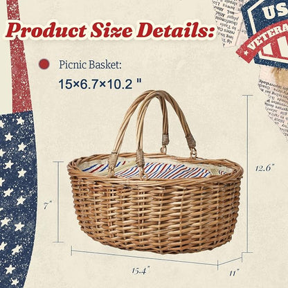 Wicker Picnic Basket 15"x11"x7" Insulated Liner Red White Blue Star | Insulated Zip Liner Helps Keep Drinks and Snacks Cool, Sturdy Woven Basket Suits Parks, Camping, Holidays and Gift Giving