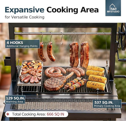 MFSTUDIO Santa Maria Grill, Charcoal & Wood BBQ Grill with Adjustable Height & Dual Porcelain-Enameled Charcoal Trays, Large Outdoor Open Fire Grill for Backyard, 666 SQ.IN. Cooking Area