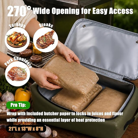 BBQ Blanket for Resting Meat, 270° Opening Leak-Proof Insulated Meat Resting Bag with Butcher Paper, BBQ Brisket Blanket for Pork Shoulder/Steak/Turkey, Smoker Grilling Accessories Gifts for Men/Dad