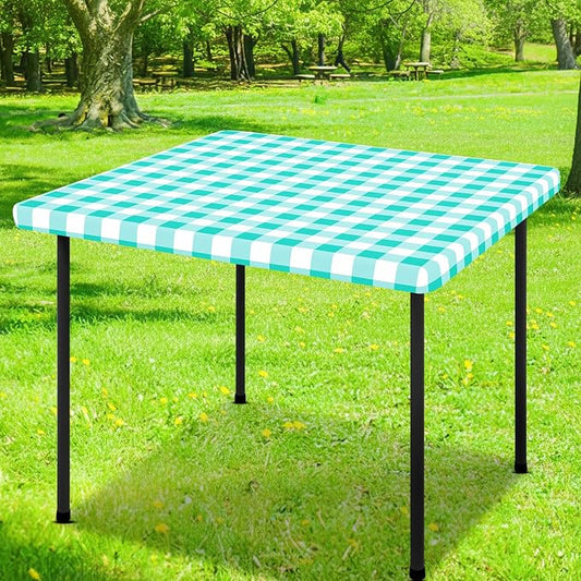 Smiry Square Picnic Table Cloth, Elastic Waterproof Fitted Vinyl Tablecloths, Flannel Backed Buffalo Plaid Table Covers for Dining, Camping, Outdoor (White and Teal, 42" x 42")