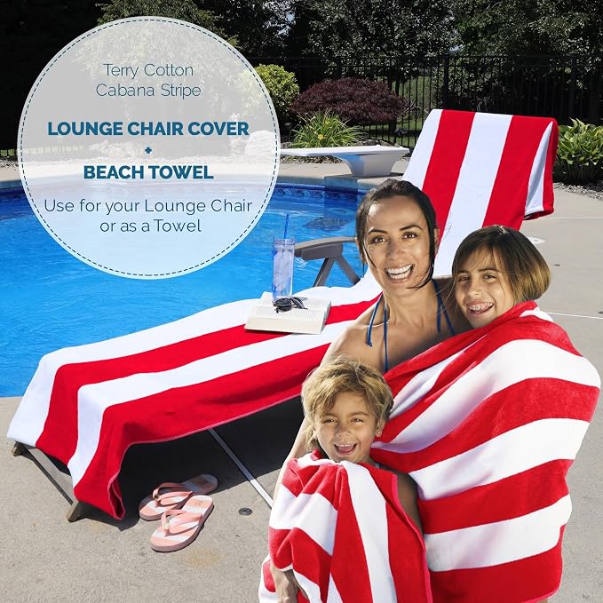Superior Cabana Cotton Lounge Chair Cover, Outdoor Towel/Chaise Furniture Covers, Terry Cloth, Beach, Spa, Swim Accessories, Pool Chair Cover, Soft, Quick Drying, 32" x 102", Set of 6, Red