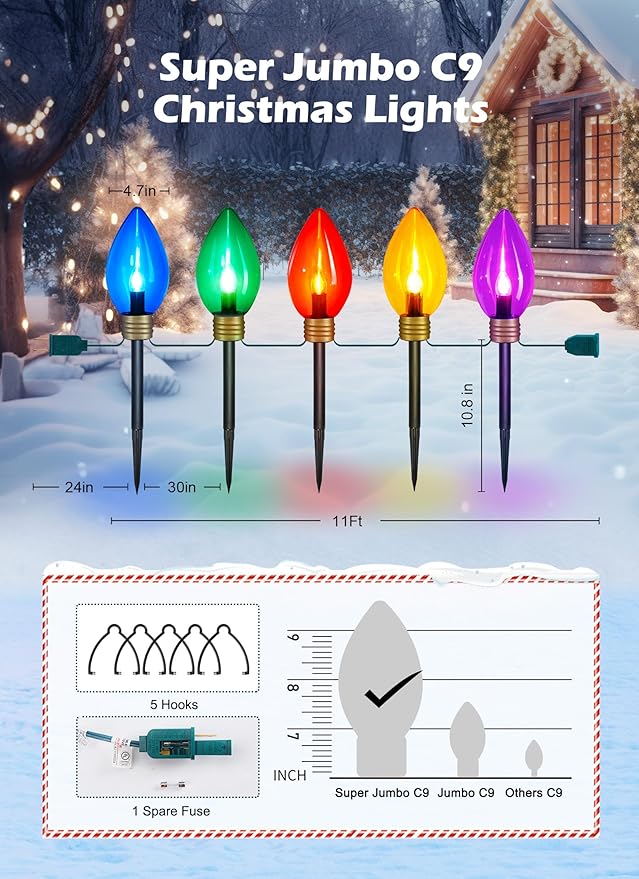 Super Jumbo C9 Christmas Pathway Lights - 11FT 5 LED Jumbo Christma Walkway Light, Multicolor Christmas Decoration Outside, Waterproof Giant Christma Lights Outdoor Decoration for Yard Holiday Lawn