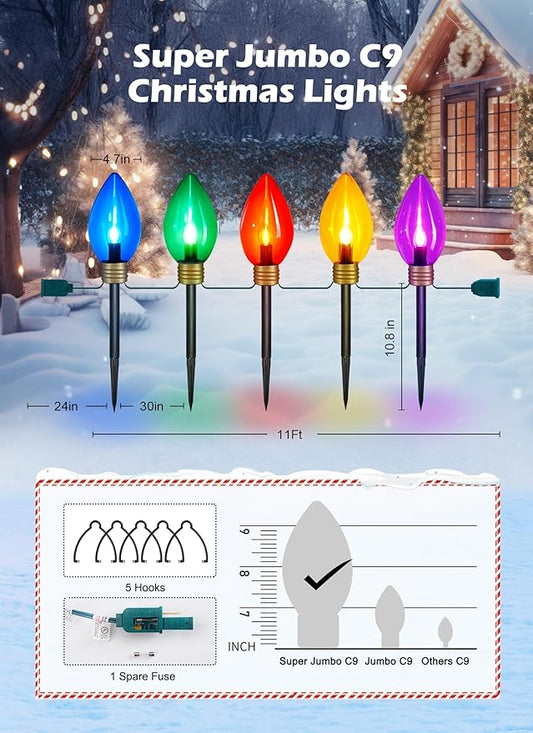 Super Jumbo C9 Christmas Pathway Lights - 11FT 5 LED Jumbo Christma Walkway Light, Multicolor Christmas Decoration Outside, Waterproof Giant Christma Lights Outdoor Decoration for Yard Holiday Lawn