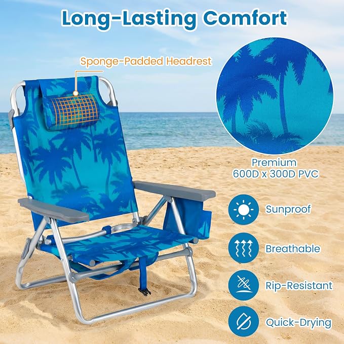 GYMAX Beach Chairs, Backpack Camping Chair | with Armrest, Cooler Bag, Cup Holder & Towel Bar, Sunbath Tanning Lounge, Folding Layout Chair (Without Table, Coconut Tree)