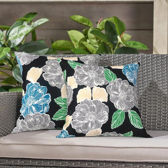 LVTXIII 2 Pack Outdoor Throw Pillow Covers for Patio Furniture, 16x16 Inch Square Pillow Case, Water-Repellent Cushion Covers for Garden, Porch, Sofa, Sketch Peony
