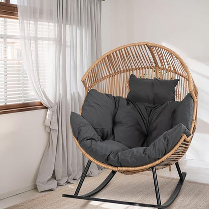 Shintenchi Wicker Egg Chair, Outdoor Indoor Rocking Chair, Large PE Rattan Rocking Chair with Cushion for Patio, Balcony, Backyard, Garden, Deep Grey