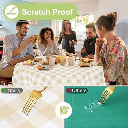 Smiry Oval Table Cloth, Vinyl Tablecloths with Flannel Backing, 60"x84" | Waterproof Picnic Table Cloth, Wipeable Buffalo Plaid Table Cover for Indoor and Outdoor (White & Beige)