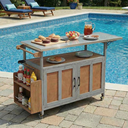 Outdoor Fir Wood Kitchen Island with Foldable Stainless Steel Top, Patio Mobile Kitchen Cart Portable Outdoor Cooking Island with Lockable Wheels, Storage Cabinet and Towel Rack (Espresso+Grey/124)