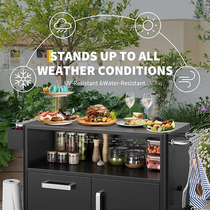 Heavy Duty Outdoor Grill Cart with Stainless Steel Prep Table, Lockable Wheels, Spacious Storage Cabinet, and Island Table Design for Patio or Kitchen Use