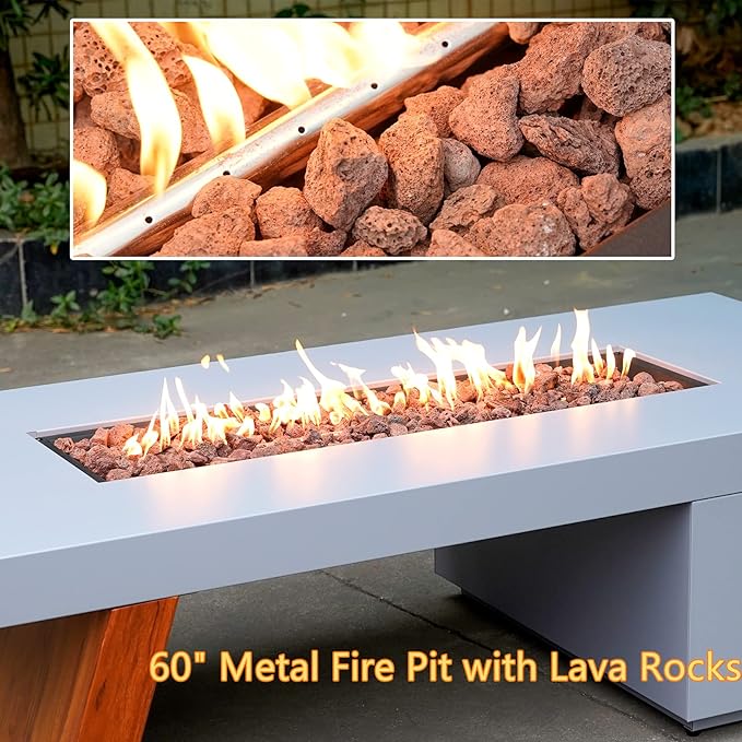 Premium 60” Gas Fire Pit Table with Unique Wooden-Visual Leg, Large Propane Fire Table with Lava Rocks, Smokeless Fireplace 60,000BTU for Backyard Patio Villa Bonfire, FP015