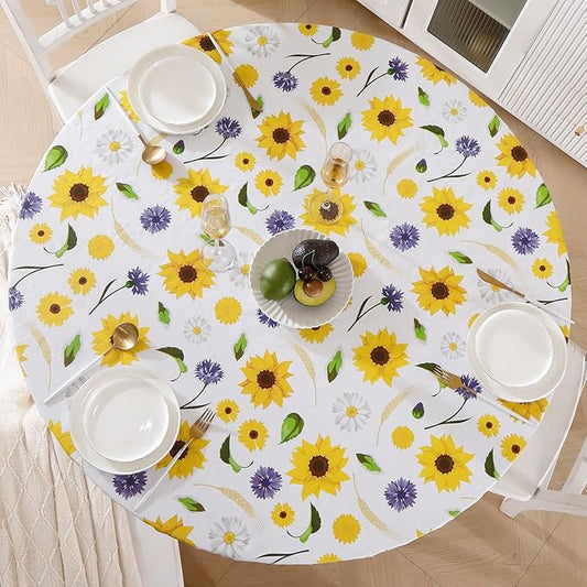 Walrus Round Vinyl Fitted Tablecloth with Flannel Backing Elastic Edge Design Table Cover Waterproof Oil-Proof PVC Table Cloth Stain-Resistant Best for 37"-44" Round