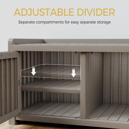 Storage Bench - Waterproof Resin Shoe Bench with Adjustable Shelves - Indoor & Outdoor Use, 2 Doors Entryway Bench with Hidden Storage Space - Storage Cabinet for Bedroom, Hallway, Grey