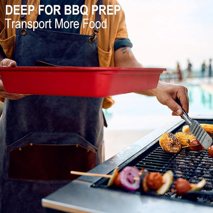 Czlizdyt Bamboo Grilling Prep and Serve Trays with lid | BBQ Tray for Marinating Raw and Cooked Food, Diswasher Safe Nesting Trays Black in Red
