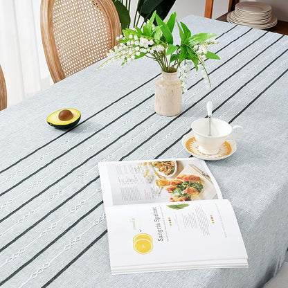 Chassic 60 x 120 inches Farmhouse Style Linen tablecloths, Boho 8 Foot Long Wrinkle Resistant Washable Rectangle Table Cloth for Dining Room, Kitchen, Wedding and Holiday Decorative - Striped Grey
