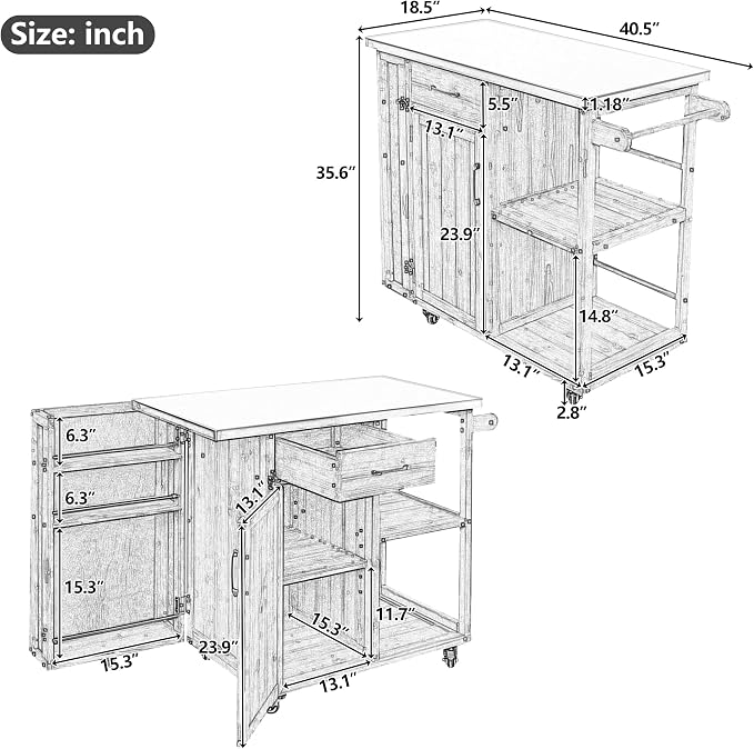 JIVOIT Outdoor Kitchen Island with Stainless Steel Worktop, Fir Wood Prep Station Lockable Kitchen Cart with Ample Storage Space, Towel and Spice Racks for Patio and Outdoor (White/122)