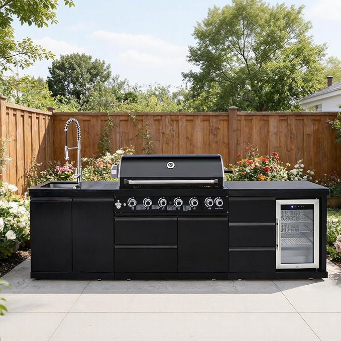 114" All-in-One Outdoor Kitchen Island,6 Burner Modular Kitchen with Grill Station Cabinetry,304 Stainless Black Granite, Sink, Fridge, BBQ Set for Patios & Backyards (Black, 114 IN)