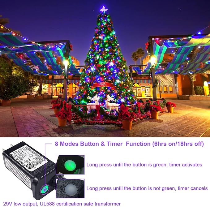 JMEXSUSS 200 LED Multicolor Christmas Lights, 66ft String Lights Plug in | Connectable, Waterproof, 8 Modes, indoor Outdoor Use, Green Wire Tree Lights for Christmas, Porch, Fence, House Decorations