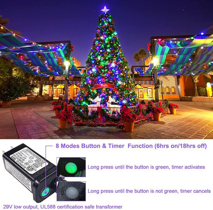 JMEXSUSS 200 LED Multicolor Christmas Lights, 66ft String Lights Plug in | Connectable, Waterproof, 8 Modes, indoor Outdoor Use, Green Wire Tree Lights for Christmas, Porch, Fence, House Decorations
