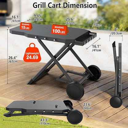Upgraded Portable Grill Cart for Weber Q1200, Q1000, Q2200, Q2000, Q2400, Foldable Cart for Weber Q Series Gas Grills, Outdoor BBQ Stand with Propane Tank Holder for Travel and Camping
