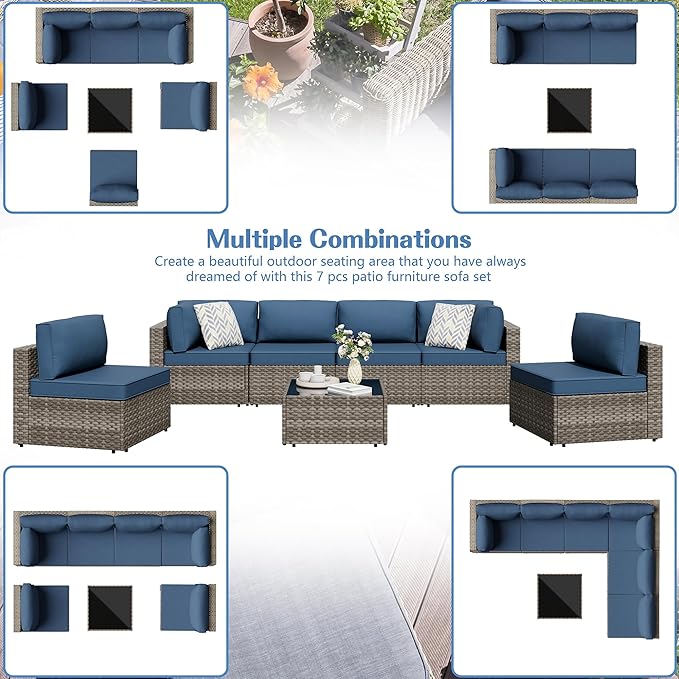 7 Piece Outdoor Patio Furniture Set,Natural PE Rattan Wicker Sectional Sofa, All Weather Conversation Set with Washable Cushions & Glass Coffee Table for Backyard Poolside Garden Porch,Navy Blue