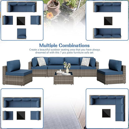 7 Piece Outdoor Patio Furniture Set,Natural PE Rattan Wicker Sectional Sofa, All Weather Conversation Set with Washable Cushions & Glass Coffee Table for Backyard Poolside Garden Porch,Navy Blue