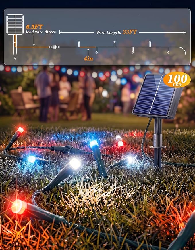 LitHome 2 Pack 4th of July Solar String Lights Outdoor Waterproof | Total 200LED 66FT Solar Powered Red White and Blue String Lights, 8 Modes Patriotic Light for Independence Day Party Decor