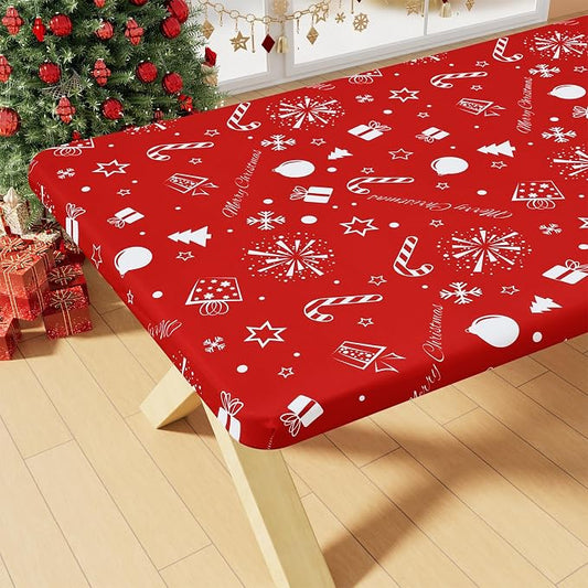Smiry Rectangle Christmas Table Cloth, Waterproof Elastic Fitted Tablecloths for 8 Foot Tables, Washable Polyester Table Cover for Christmas Dinner (Snowflower, 30"x96")