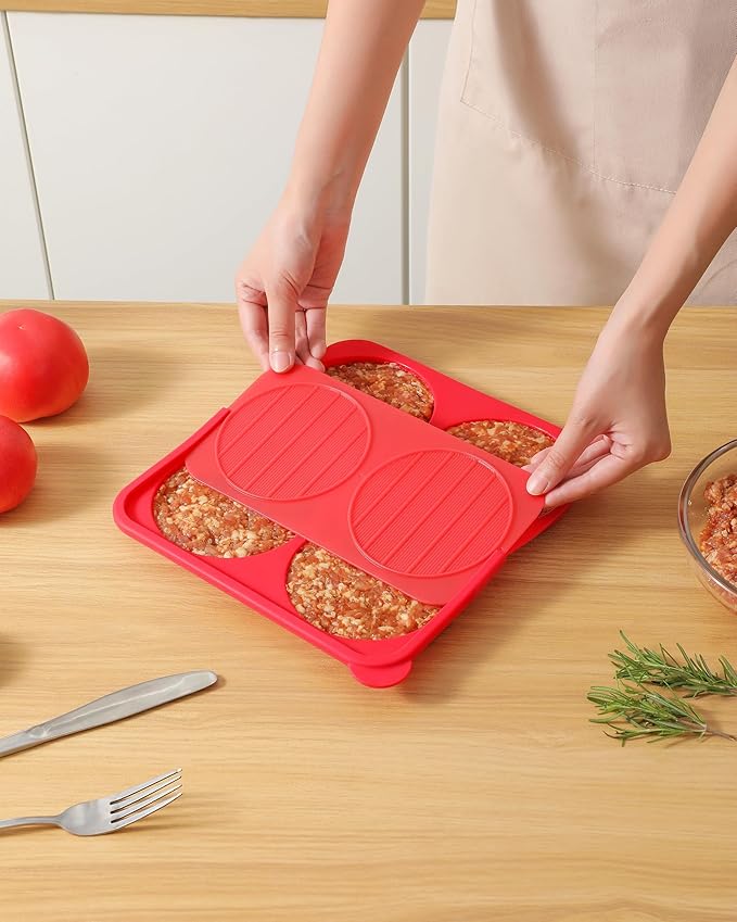 AUOON Silicone Burger Press for 4.5" 1/4-1/3 lb Patties - 4 in 1 Hamburger Press Patty Maker for Kitchen BBQ, Non-Stick Burger Patty Mold for Beef Veggie, Dishwasher Safe & Freezer Storage (Red)
