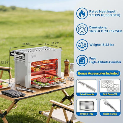 Eyoo Portable Propane Gas Broiler, Tabletop Steak Grill 1472°F High Heat, Outdoor BBQ Grill for Camping, Backyard Cooking, Compact Stainless Steel Broiler