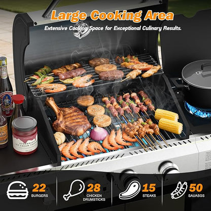 Electactic 3-Burner Propane Gas BBQ Grill with Side Burner,Stainless Steel Grill with Porcelain-Enameled Grates,37000 BTU Barbecue Grill, Suitable for Outdoor Cooking,Camping,Patio Backyard