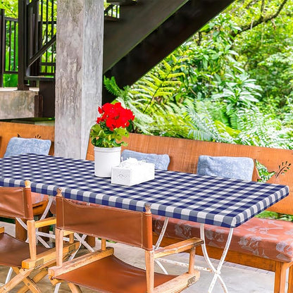 Buffalo Rectangle Picnic Tablecloth, 6 Foot Elastic Fitted Vinyl Table Cloth with Flannel Backing, Waterproof Plaid Table Covers for Dining, Camping, Outdoor (Navy and White, 30" x 72")