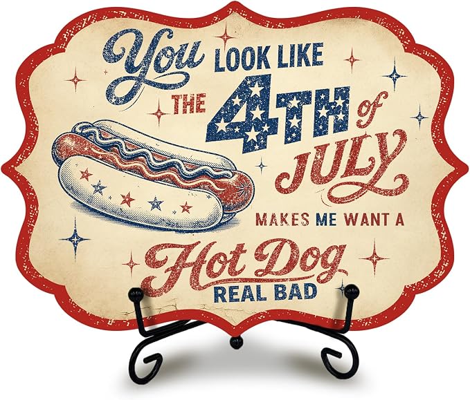 Fourth of July Wooden Sign with Metal Stand, Patriotic Hot Dog Station Decor for BBQ Party, Food Truck, Restaurant Counter, Independence Day 5 x 7 Inch Tabletop Display - A08