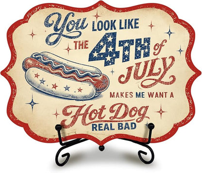 Fourth of July Wooden Sign with Metal Stand, Patriotic Hot Dog Station Decor for BBQ Party, Food Truck, Restaurant Counter, Independence Day 5 x 7 Inch Tabletop Display - A08