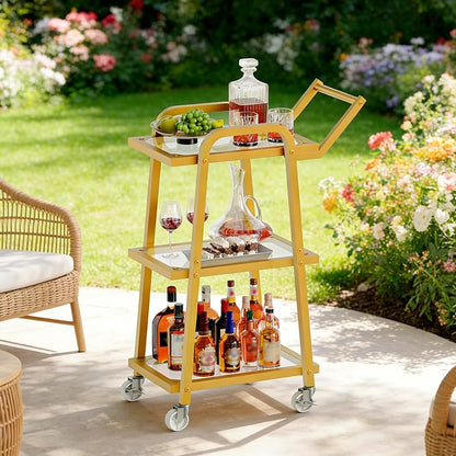 Bar Cart, 3-Tier Serving Cart for Home, Mobile Drink Cart with Wheels, Rolling Kitchen Cart, for Home Bar, Party, Living Room, Gold BC07GD