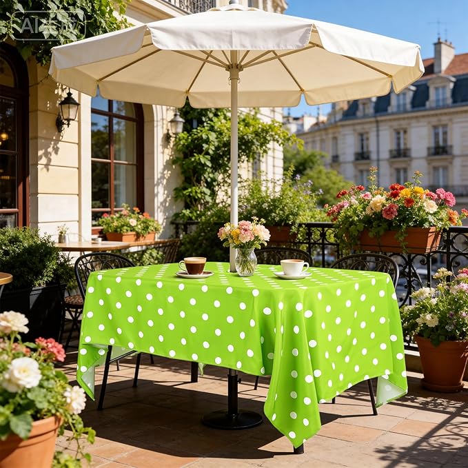 Poise3EHome Outdoor Tablecloth Rectangle with Umbrella Hole Waterproof Green and White Tablecloth for Spring Picnic Party Patio Table Camping, Green Polka Dot (52X70 Zipper)