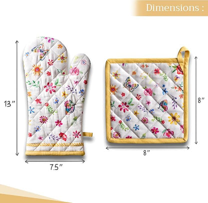 Maison d' Hermine 100% Cotton Oven Mitt & Pot Holder Set (7.5"x13" & 8"x8") Heat Resistant BBQ Cooking Gloves with Loop Baking Grilling Kitchen Home Farmhouse Spring Summer (Happy Florals - Sweety)