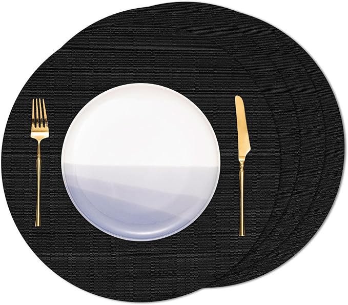 Round Placemats Set of 4 Heat Resistant Vinyl Placemats 15 inch Washable Non-Slip Table Mats Woven Place Mats for Dining Table (Black, Set of 4)