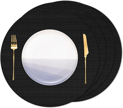 Round Placemats Set of 4 Heat Resistant Vinyl Placemats 15 inch Washable Non-Slip Table Mats Woven Place Mats for Dining Table (Black, Set of 4)